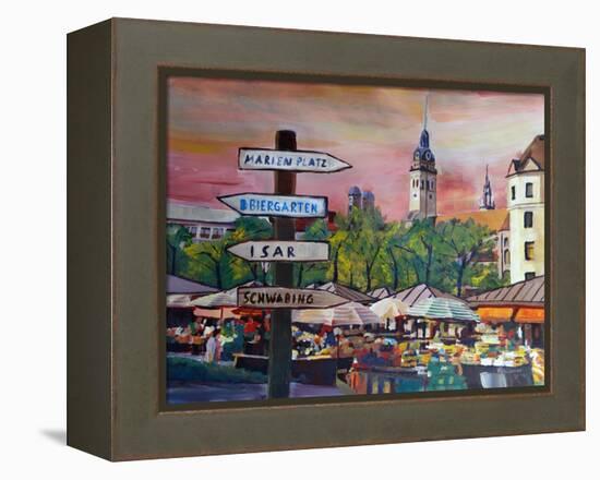 Munich Bavaria Viktualienmarkt with Signposts-Markus Bleichner-Framed Stretched Canvas