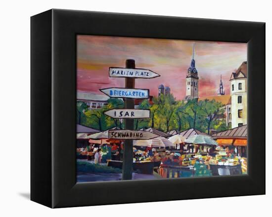 Munich Bavaria Viktualienmarkt with Signposts-Markus Bleichner-Framed Stretched Canvas