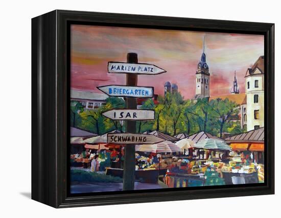 Munich Bavaria Viktualienmarkt with Signposts-Markus Bleichner-Framed Stretched Canvas