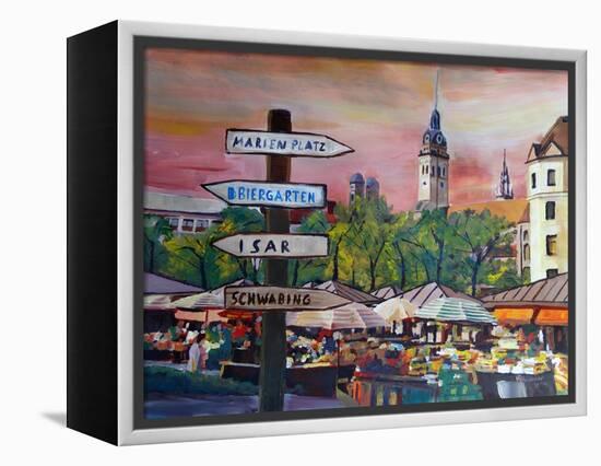 Munich Bavaria Viktualienmarkt with Signposts-Markus Bleichner-Framed Stretched Canvas