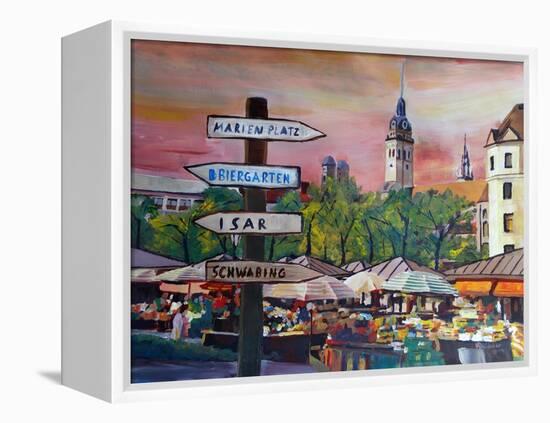 Munich Bavaria Viktualienmarkt with Signposts-Markus Bleichner-Framed Stretched Canvas