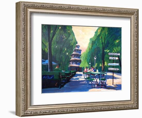 Munich Chinese Tower Beergarden with Signpost-Markus Bleichner-Framed Art Print