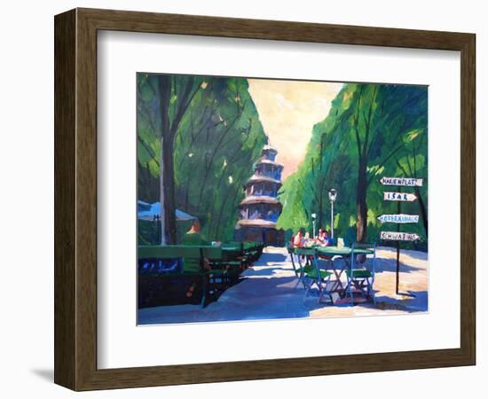 Munich Chinese Tower Beergarden with Signpost-Markus Bleichner-Framed Art Print