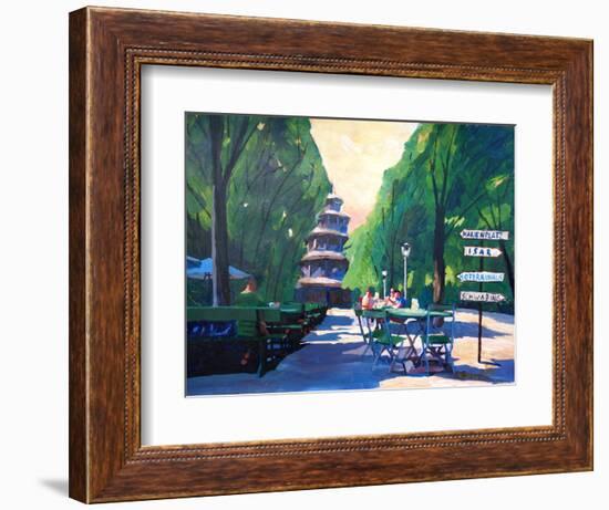 Munich Chinese Tower Beergarden with Signpost-Markus Bleichner-Framed Art Print