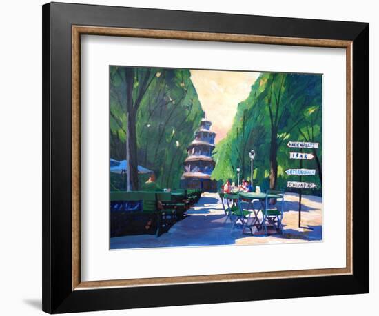 Munich Chinese Tower Beergarden with Signpost-Markus Bleichner-Framed Art Print