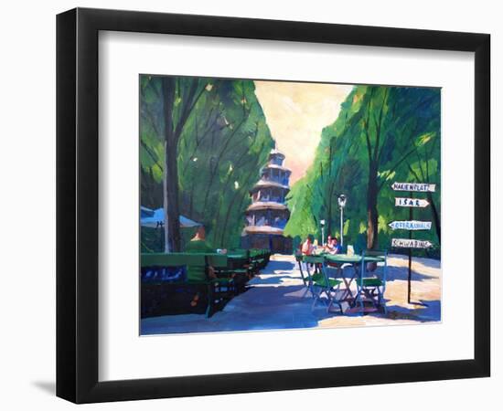 Munich Chinese Tower Beergarden with Signpost-Markus Bleichner-Framed Art Print