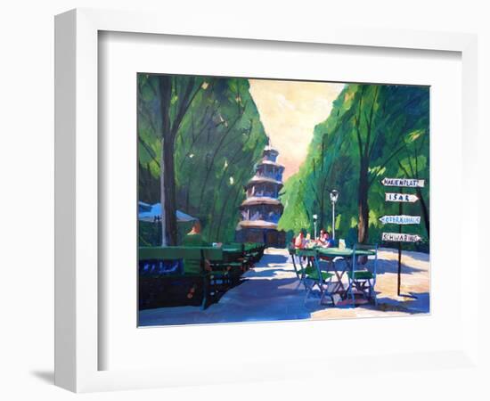 Munich Chinese Tower Beergarden with Signpost-Markus Bleichner-Framed Art Print