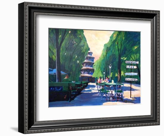 Munich Chinese Tower Beergarden with Signpost-Markus Bleichner-Framed Art Print