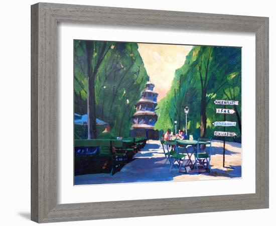 Munich Chinese Tower Beergarden with Signpost-Markus Bleichner-Framed Art Print