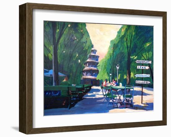 Munich Chinese Tower Beergarden with Signpost-Markus Bleichner-Framed Art Print