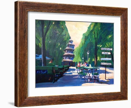 Munich Chinese Tower Beergarden with Signpost-Markus Bleichner-Framed Art Print