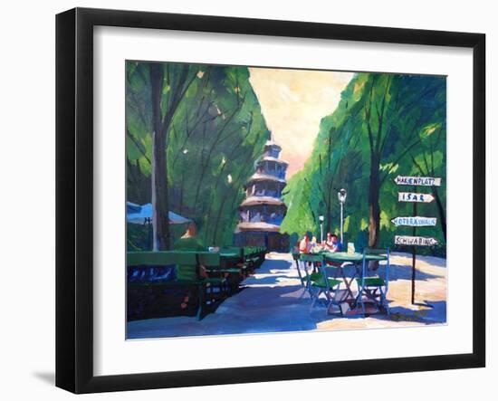 Munich Chinese Tower Beergarden with Signpost-Markus Bleichner-Framed Art Print