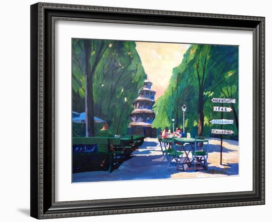 Munich Chinese Tower Beergarden with Signpost-Markus Bleichner-Framed Art Print