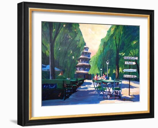 Munich Chinese Tower Beergarden with Signpost-Markus Bleichner-Framed Art Print