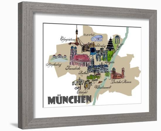 Munich Map Overview Best Of Highlights-Markus Bleichner-Framed Art Print