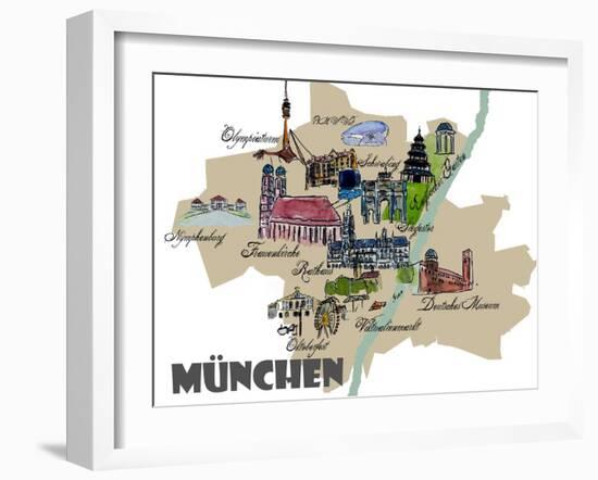 Munich Map Overview Best Of Highlights-Markus Bleichner-Framed Art Print