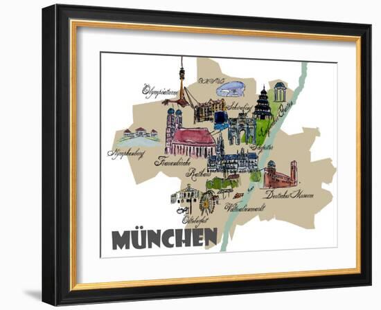 Munich Map Overview Best Of Highlights-Markus Bleichner-Framed Art Print