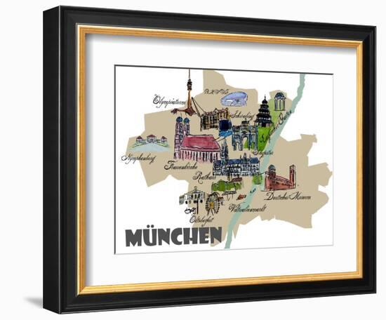 Munich Map Overview Best Of Highlights-Markus Bleichner-Framed Art Print