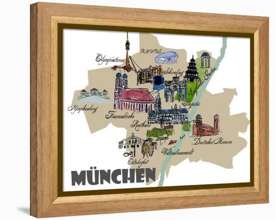 Munich Map Overview Best Of Highlights-Markus Bleichner-Framed Stretched Canvas