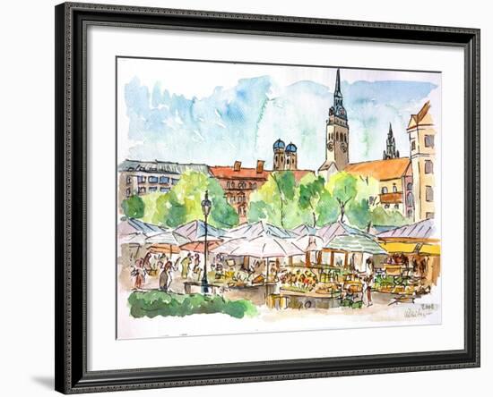 Munich Market Scene with Trees and Church-Markus Bleichner-Framed Art Print