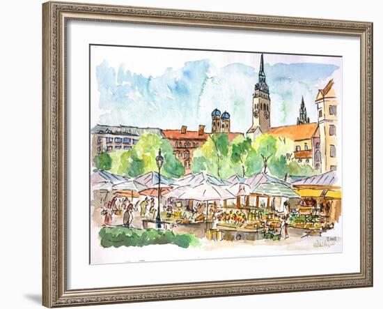 Munich Market Scene with Trees and Church-Markus Bleichner-Framed Art Print