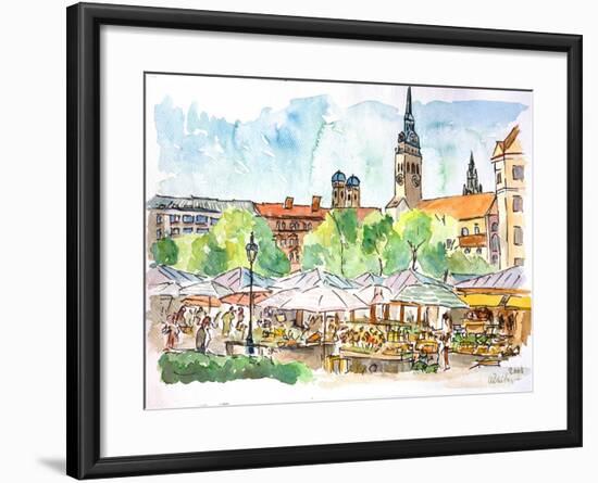 Munich Market Scene with Trees and Church-Markus Bleichner-Framed Art Print