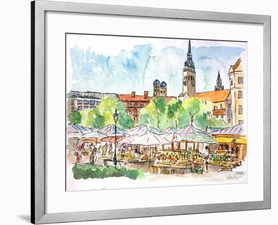 Munich Market Scene with Trees and Church-Markus Bleichner-Framed Art Print