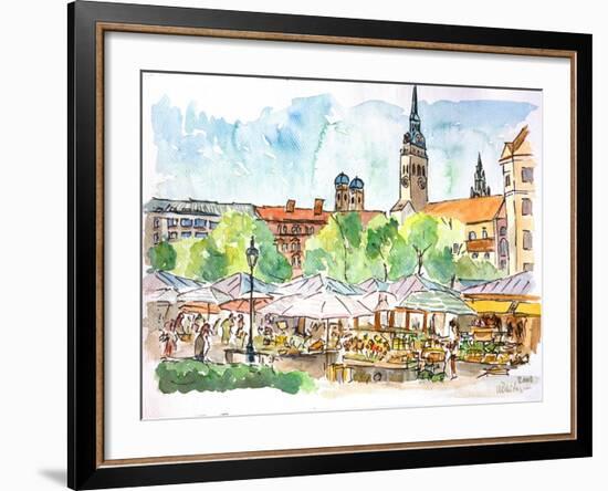 Munich Market Scene with Trees and Church-Markus Bleichner-Framed Art Print