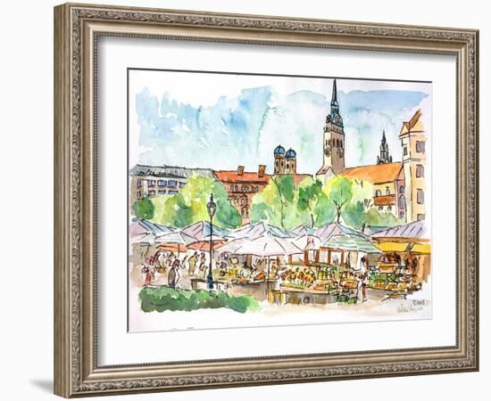 Munich Market Scene with Trees and Church-Markus Bleichner-Framed Art Print