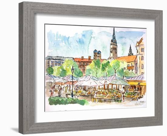 Munich Market Scene with Trees and Church-Markus Bleichner-Framed Art Print