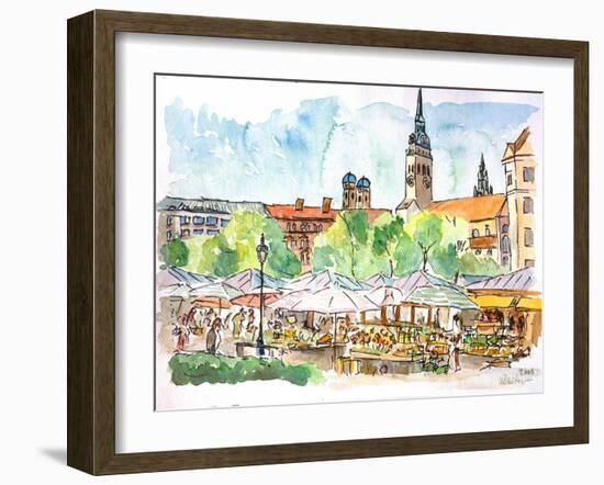 Munich Market Scene with Trees and Church-Markus Bleichner-Framed Art Print