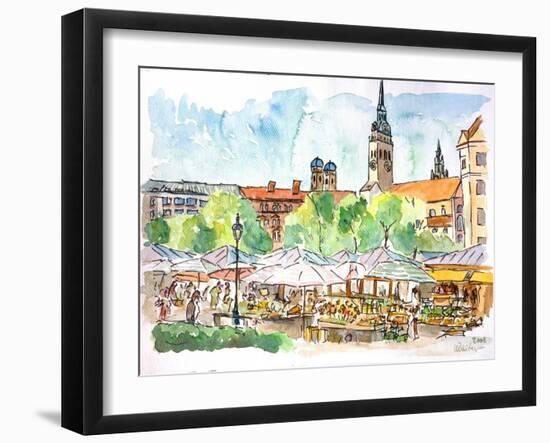 Munich Market Scene with Trees and Church-Markus Bleichner-Framed Art Print