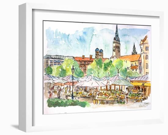 Munich Market Scene with Trees and Church-Markus Bleichner-Framed Art Print