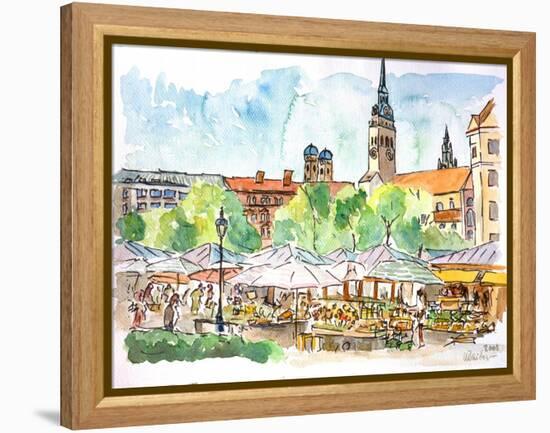 Munich Market Scene with Trees and Church-Markus Bleichner-Framed Stretched Canvas