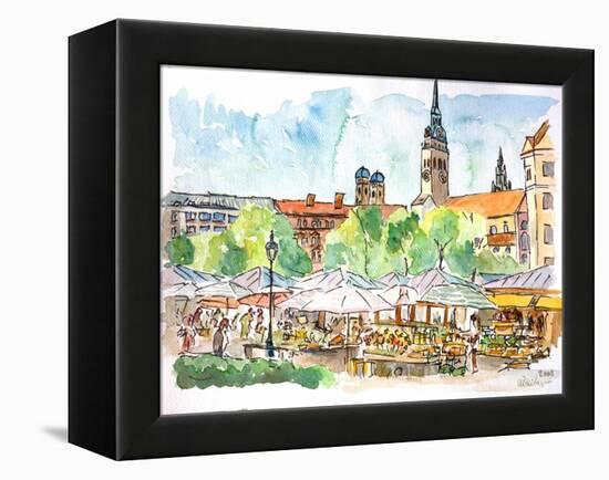 Munich Market Scene with Trees and Church-Markus Bleichner-Framed Stretched Canvas