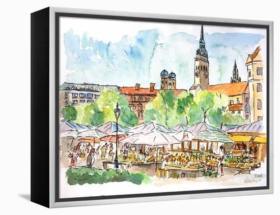 Munich Market Scene with Trees and Church-Markus Bleichner-Framed Stretched Canvas