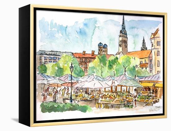 Munich Market Scene with Trees and Church-Markus Bleichner-Framed Stretched Canvas