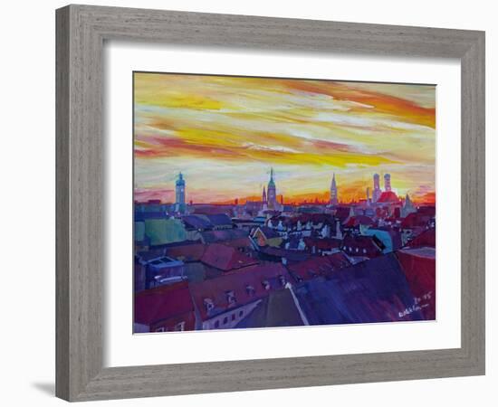 Munich Skyline with Burning Sky at Sunset-Markus Bleichner-Framed Art Print