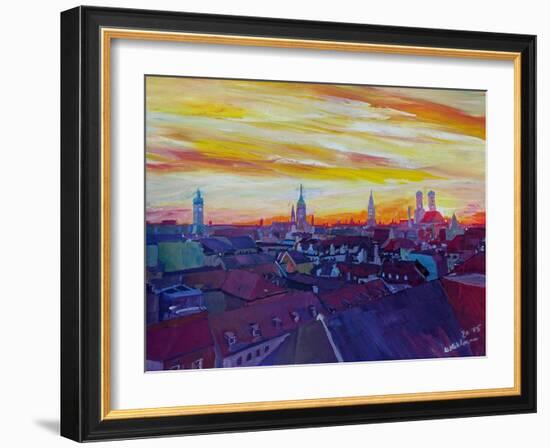 Munich Skyline with Burning Sky at Sunset-Markus Bleichner-Framed Art Print