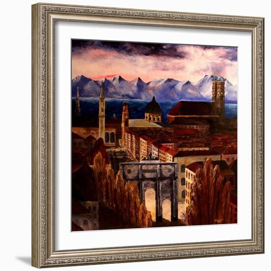 Munich with Leopoldstreet, Siegestor and Alps-Markus Bleichner-Framed Art Print