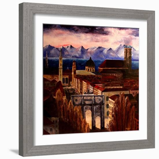 Munich with Leopoldstreet, Siegestor and Alps-Markus Bleichner-Framed Art Print