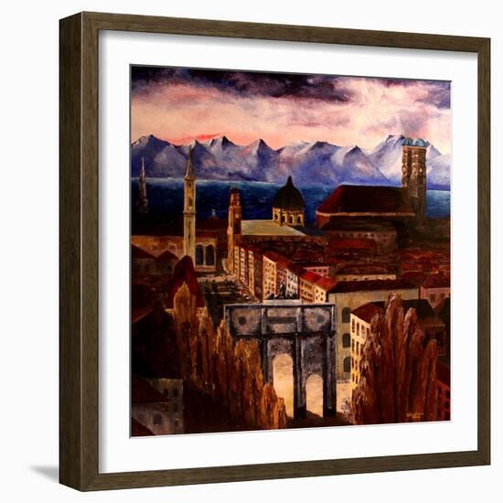 Munich with Leopoldstreet, Siegestor and Alps-Markus Bleichner-Framed Art Print