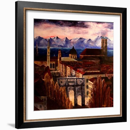 Munich with Leopoldstreet, Siegestor and Alps-Markus Bleichner-Framed Art Print