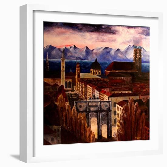 Munich with Leopoldstreet, Siegestor and Alps-Markus Bleichner-Framed Art Print