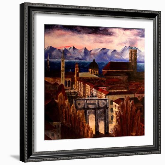 Munich with Leopoldstreet, Siegestor and Alps-Markus Bleichner-Framed Art Print