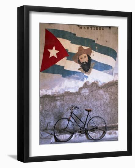 Mural of Camilo Cienfuergos on Wall Above a Bicycle, Havana, Cuba, West Indies, Central America-Lee Frost-Framed Photographic Print