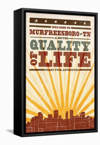 Murfreesboro, Tennessee - Skyline and Sunburst Screenprint Style-Lantern Press-Framed Stretched Canvas