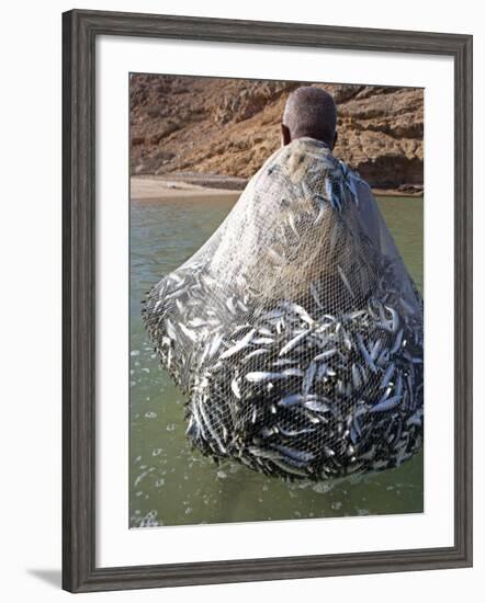 Muscat Region, Bandar Khayran, A Old Fisherman Fishes for Sardines with a Traditional Net, Oman-Mark Hannaford-Framed Photographic Print