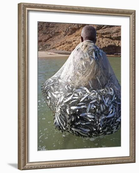 Muscat Region, Bandar Khayran, A Old Fisherman Fishes for Sardines with a Traditional Net, Oman-Mark Hannaford-Framed Photographic Print