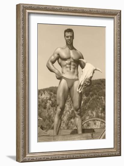 Muscle Man holding Cow Skull-null-Framed Art Print